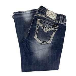 Miss Me Mid Rise Easy Cropped Capri Jeans Blue Denim Bling Flap Pocket Womens 34